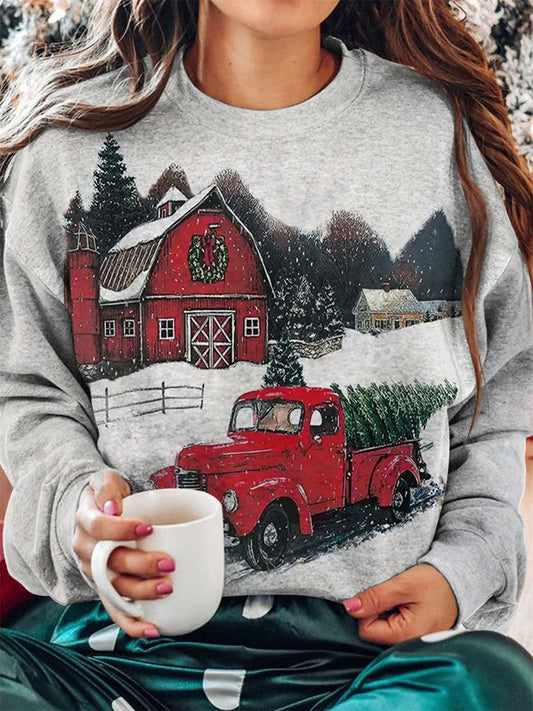 Women's Christmas Red Truck Print Crew Neck Long Sleeve Top