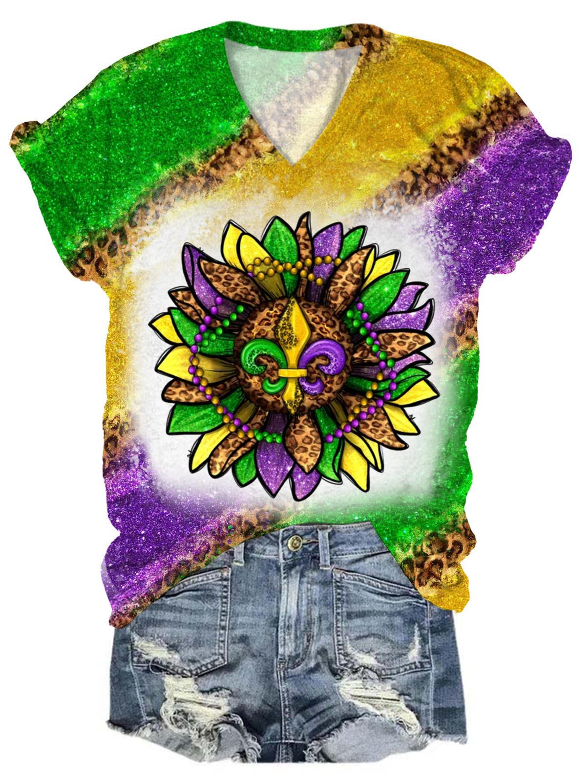 Mardi Gras Sunflower V-Neck Tie Dye T-Shirt