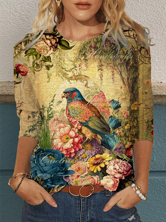 Women's Floral Bird Print Round Neck Long Sleeve Top