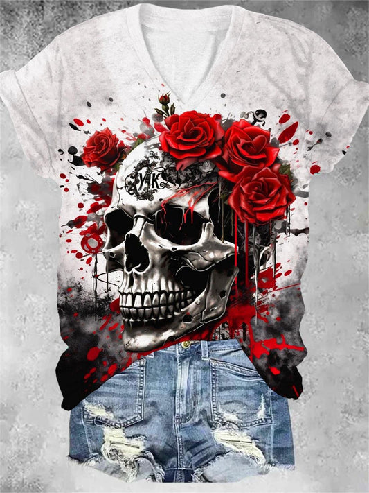 Rose Skull Print V-Neck T-Shirt