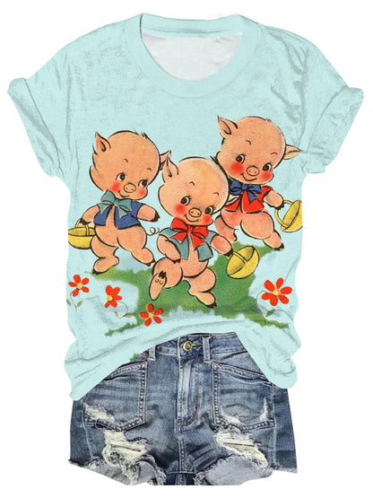 Three Little Pigs Retro Print Crew Neck T-Shirt