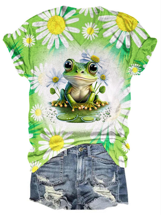 Frog Floral Gradient V Neck T-Shirt
