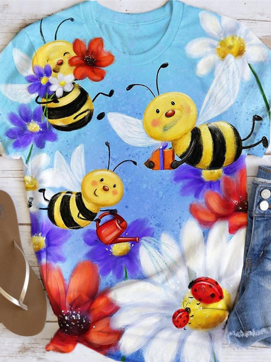 Bee Flower Print Crew Neck T-shirt