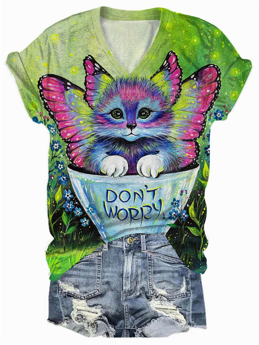 Cute Butterfly Cat Print V-Neck T-Shirt