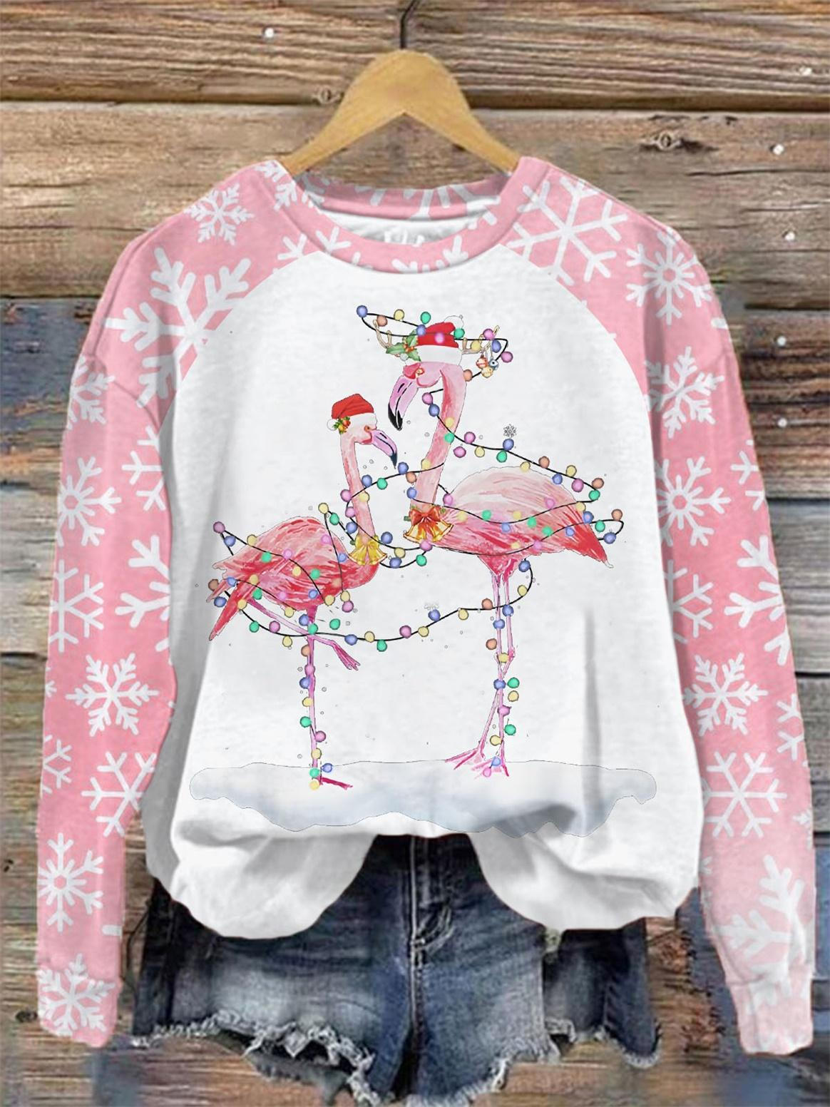 Snowflake Flamingo Print Crew Neck Top