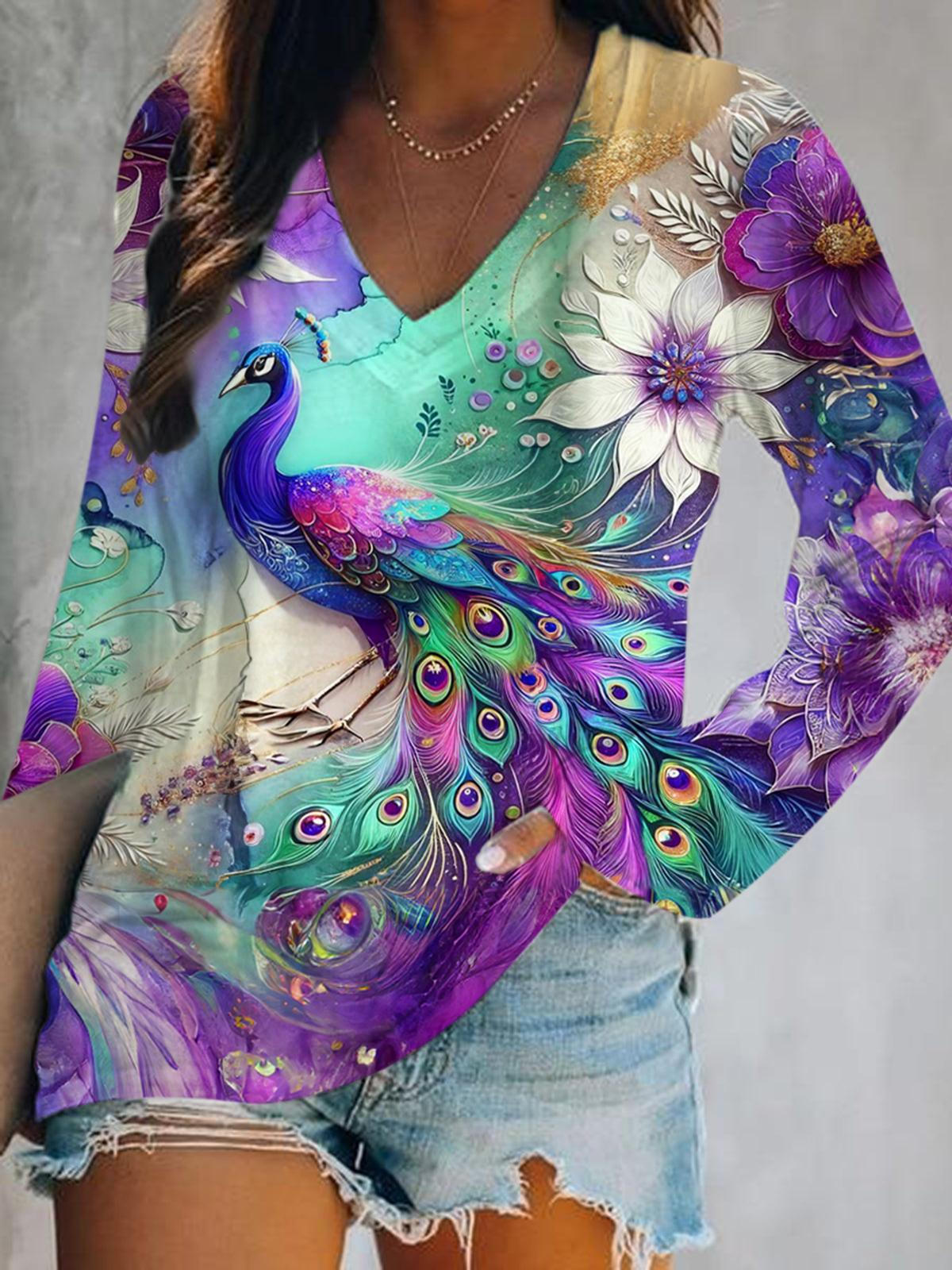 Purple Floral Peacock Print V-Neck Long Sleeve Top