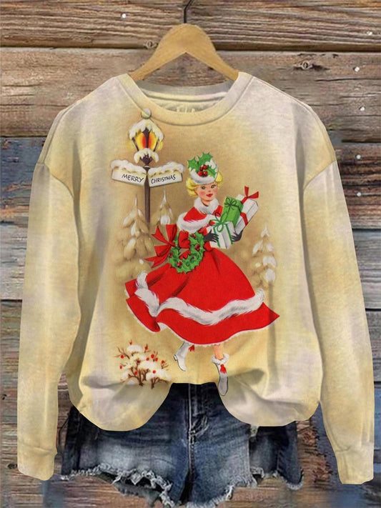 Vintage Christmas Women Round Neck Long Sleeve Top