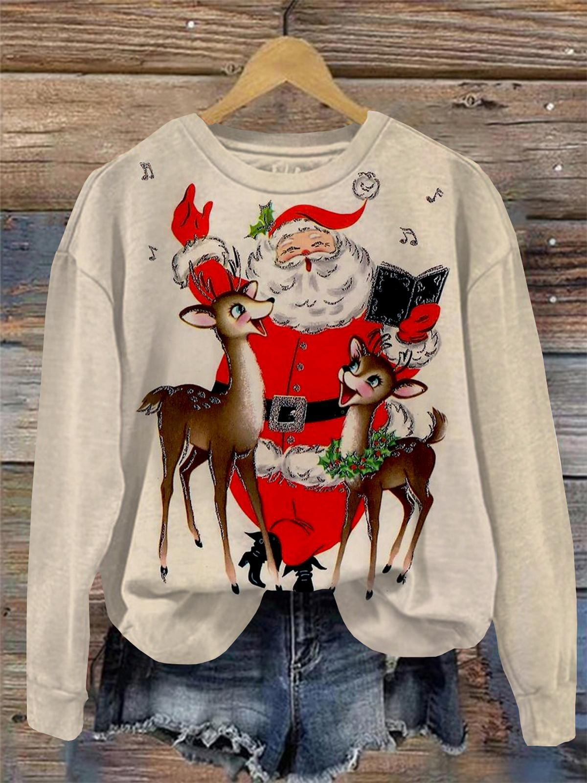 Santa Claus Deer Round Neck Long Sleeve Top