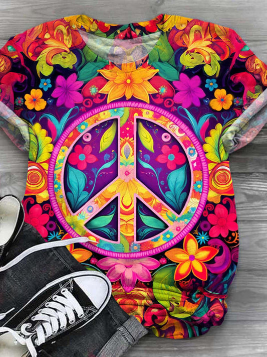 Floral Peace Sign Crew Neck T-shirt