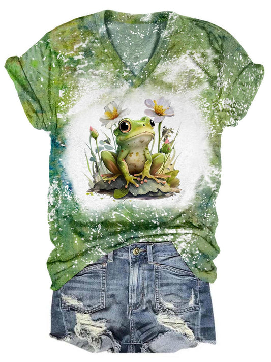 Flower Frog Summer Tie Dye V Neck T-Shirt