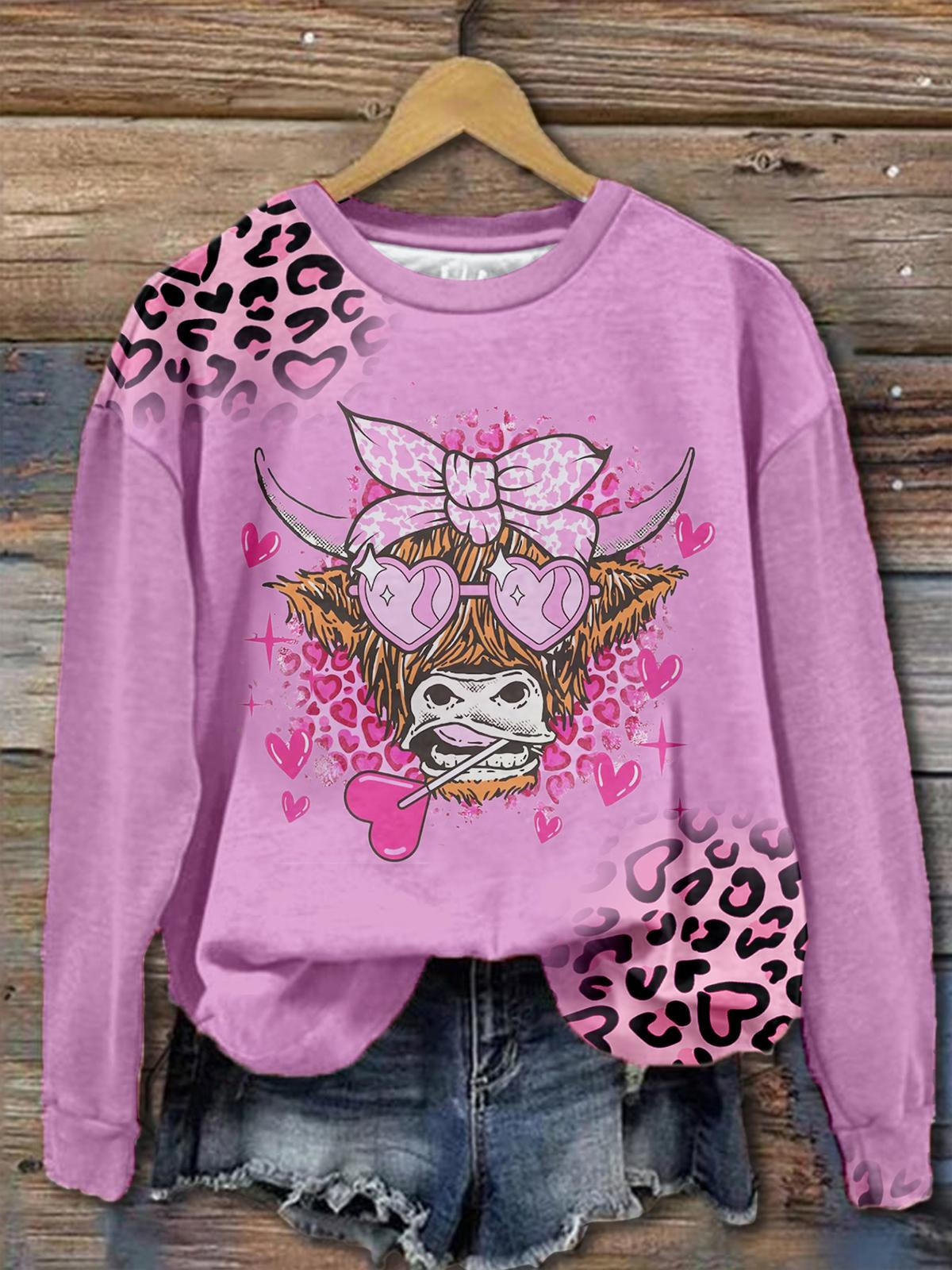 Pink Heart Highland Cow Printed Long Sleeve Top