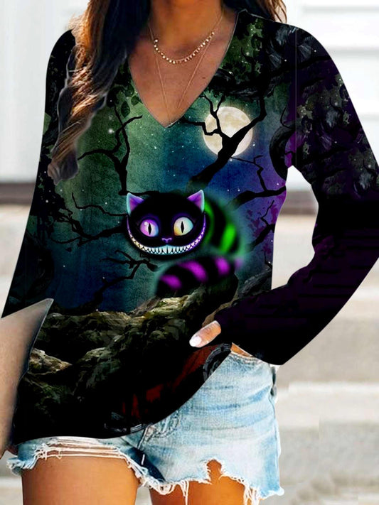 Cheshire Cat Forest Print V Neck T-Shirt