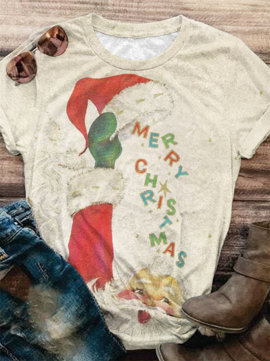 Vintage Santa Claus Raising Hat Crew Neck T-Shirt