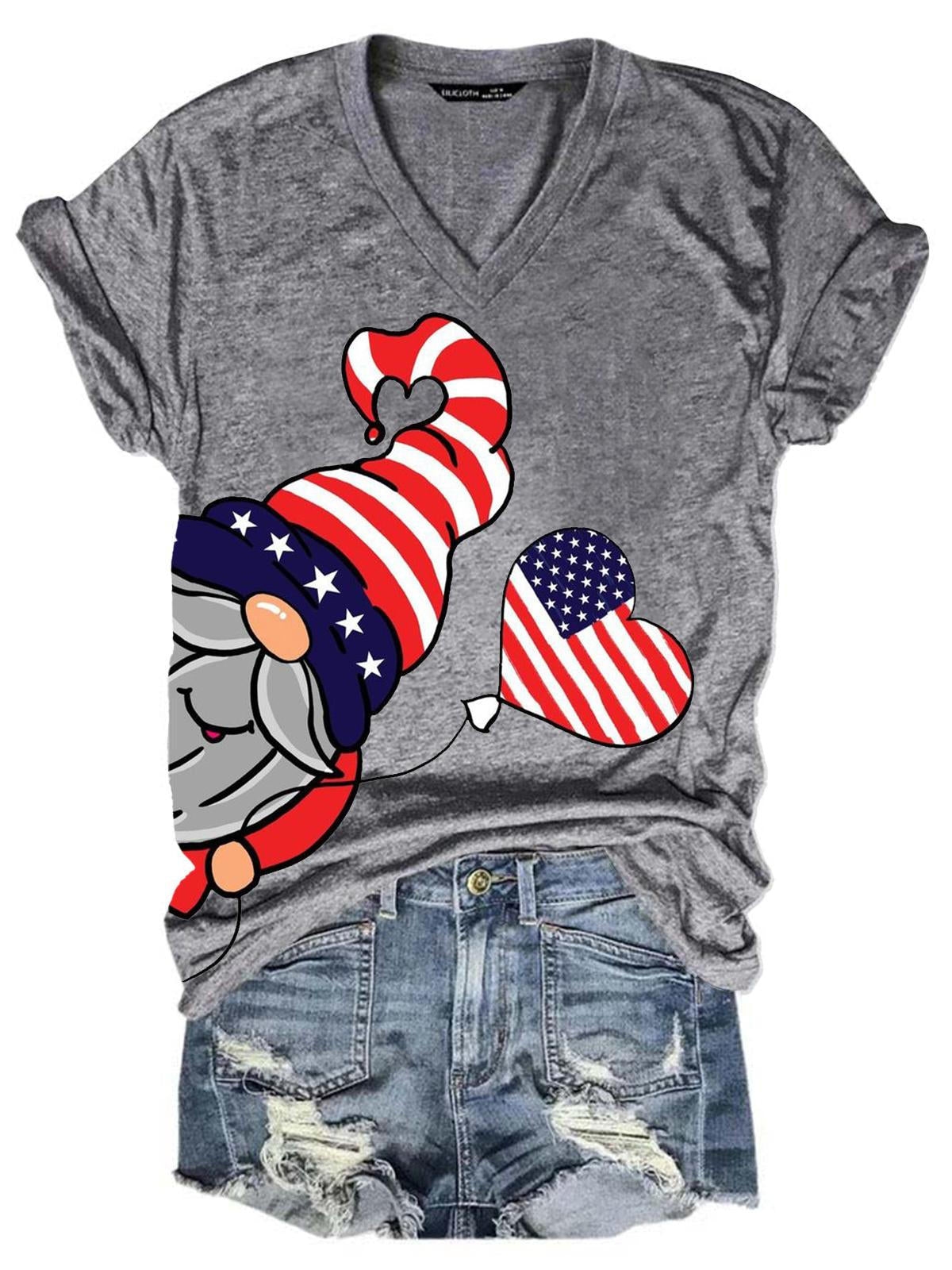 Women's V Neck Funny Gnome American Flag Print T-Shirt
