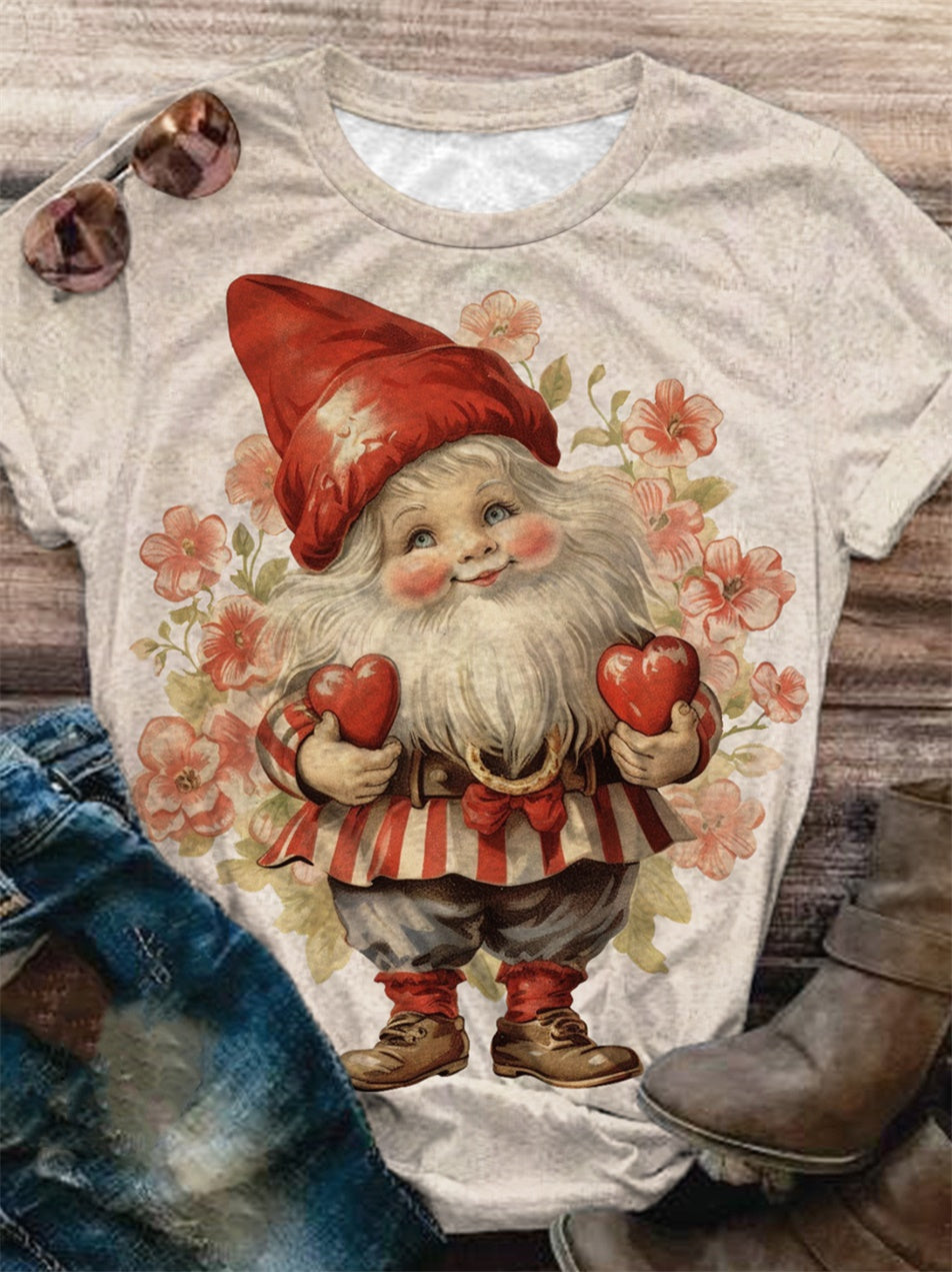 Vintage Valentine's Day Gnome Print Crew Neck T-Shirt