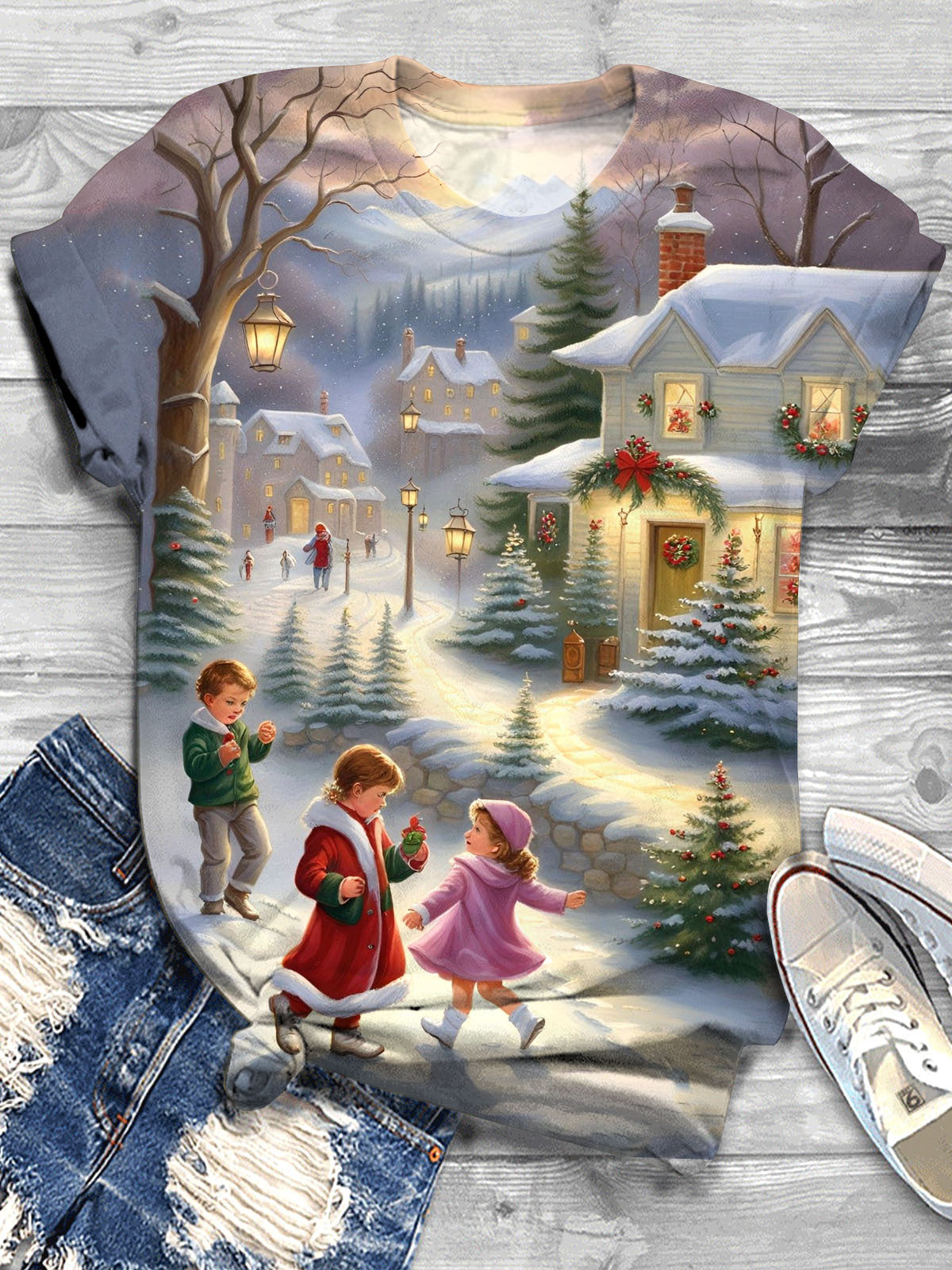 Winter Christmas And Children Print Crew Neck T-shirt