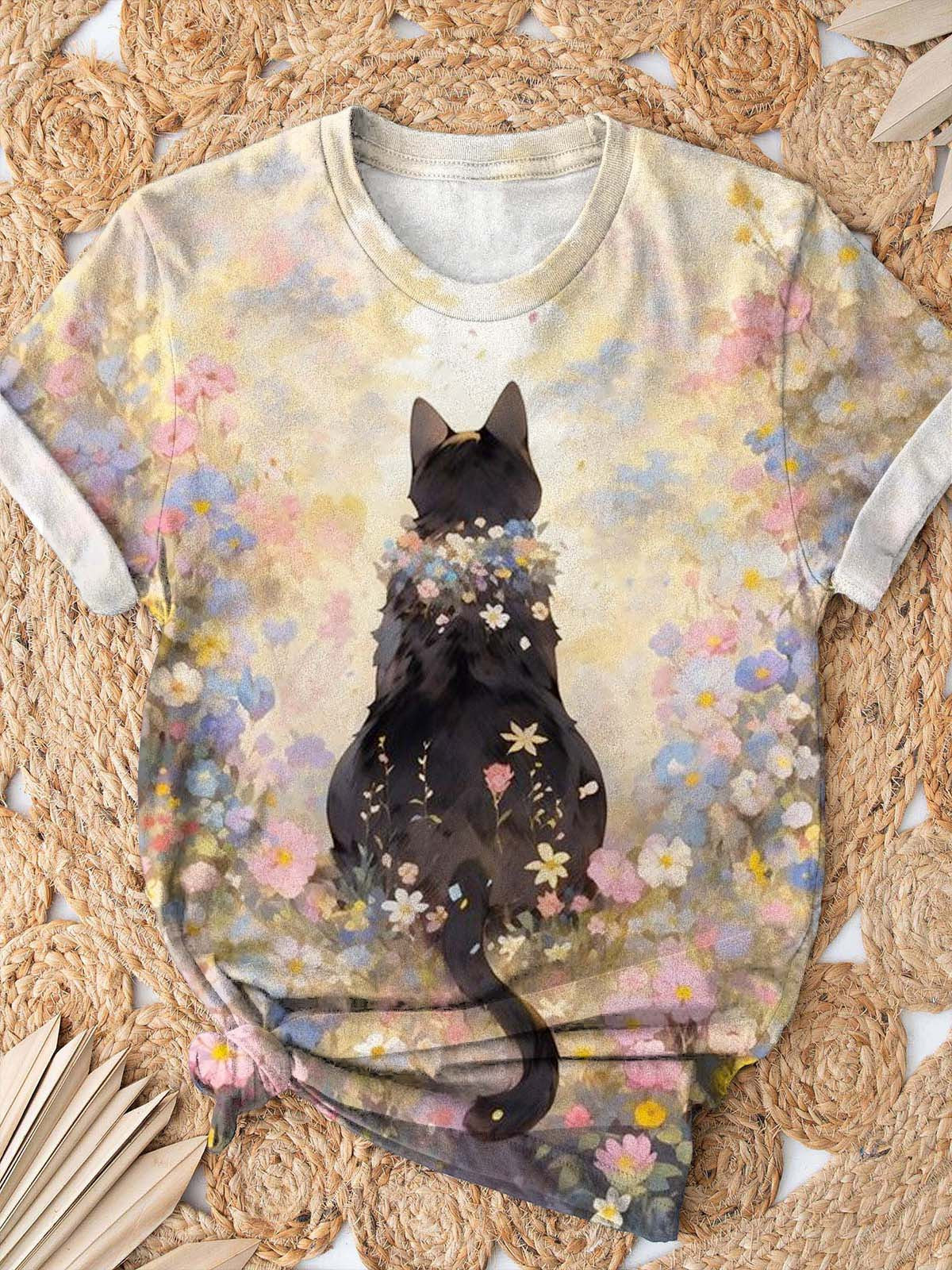 Floral Black Cat Print Crew Neck T-Shirt