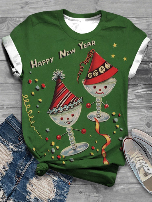 New Year Retro Wine Glass Print Round Neck T-Shirt