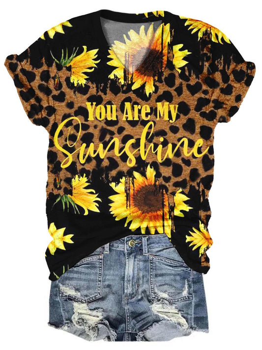 Women's You Are My Sunshine Leopard Sunflower Print T-Shirt