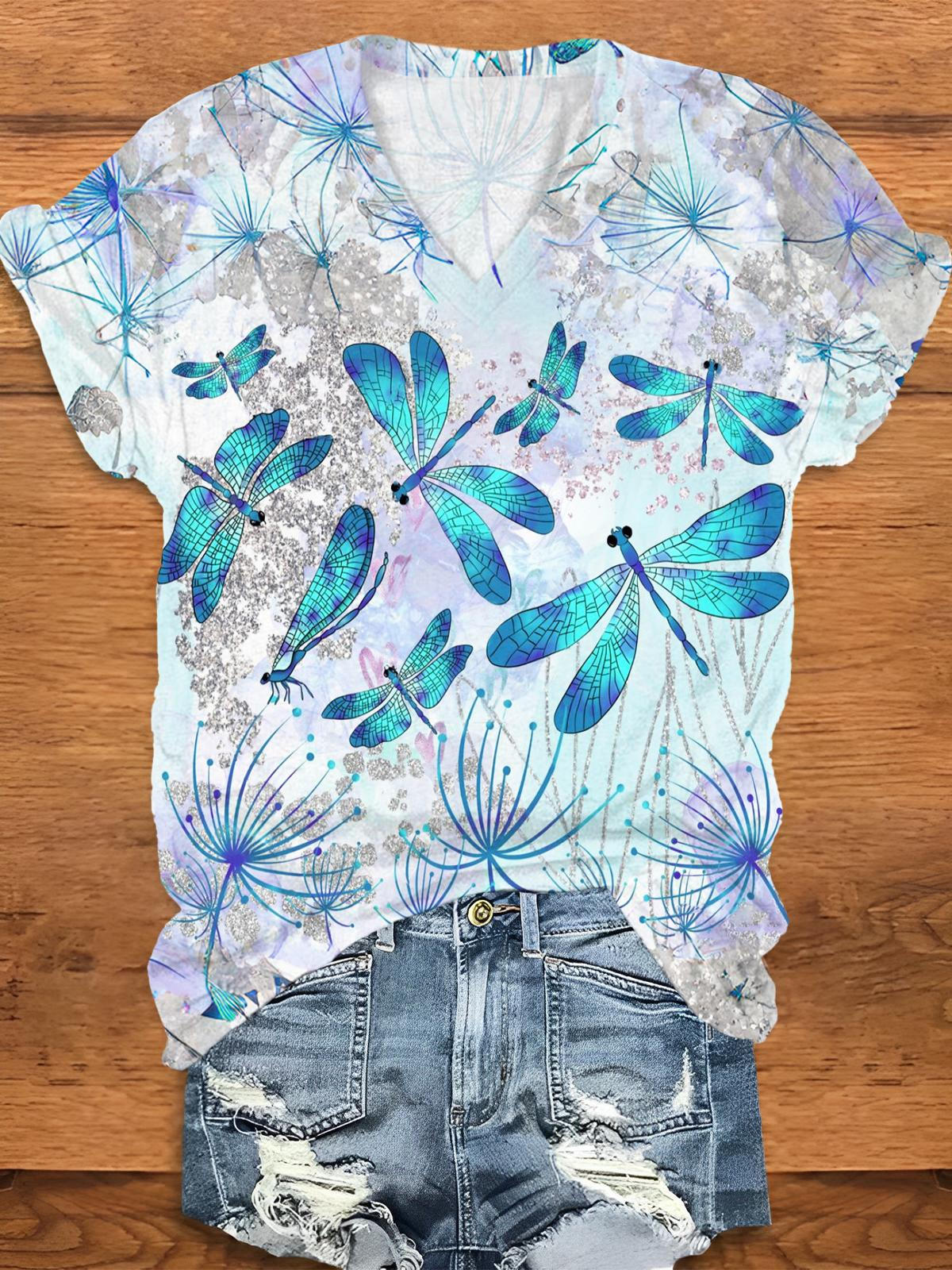 Blue Dragonflies V-Neck T-Shirt