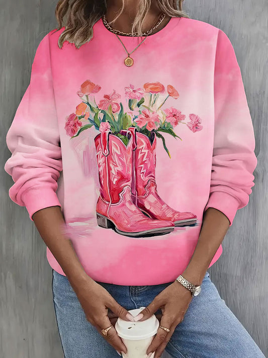 Pink Cowgirl Boots Print Long Sleeve Casual Top
