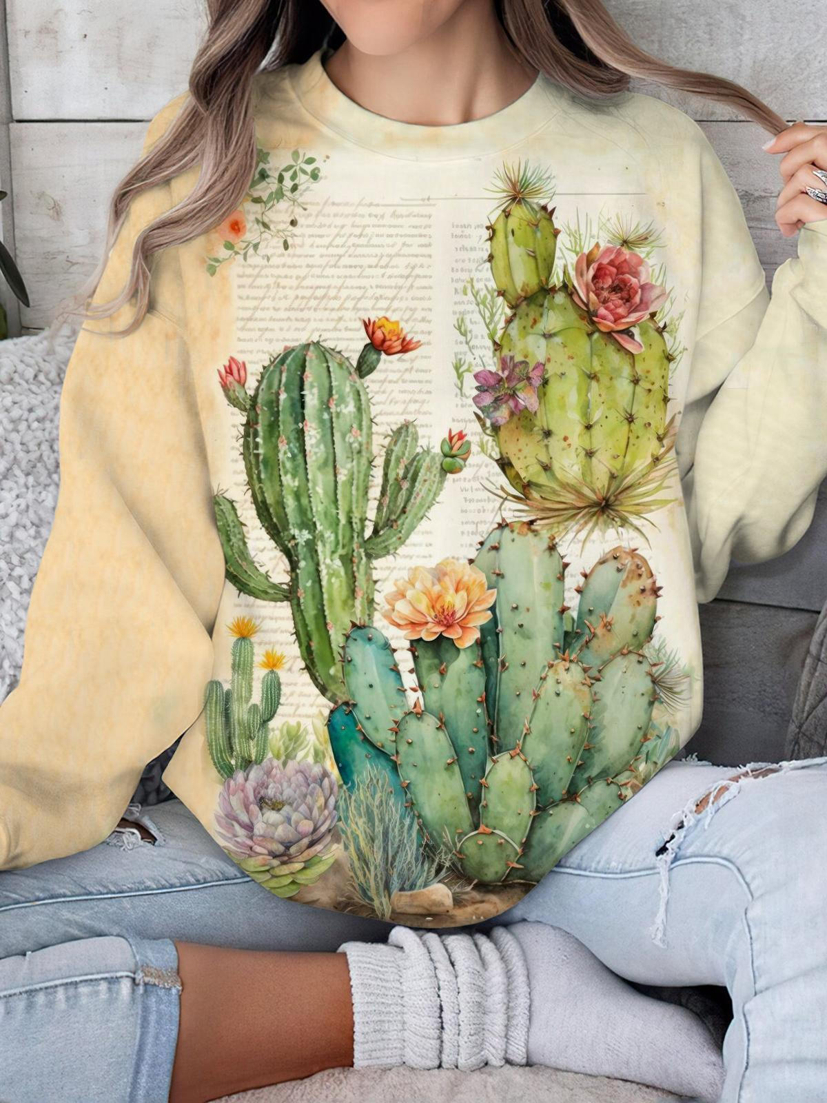 Women's Cactus Print Round Neck Long Sleeve Top