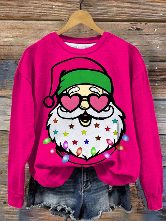 Santa with Sunglasses Print Casual Round Neck Long Sleeve Top