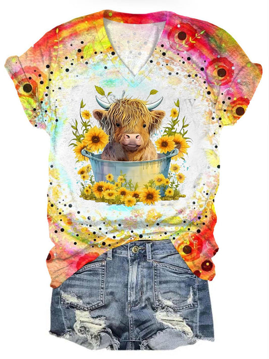 Women's V Neck Sunflower Highland Cow Print T-Shirt