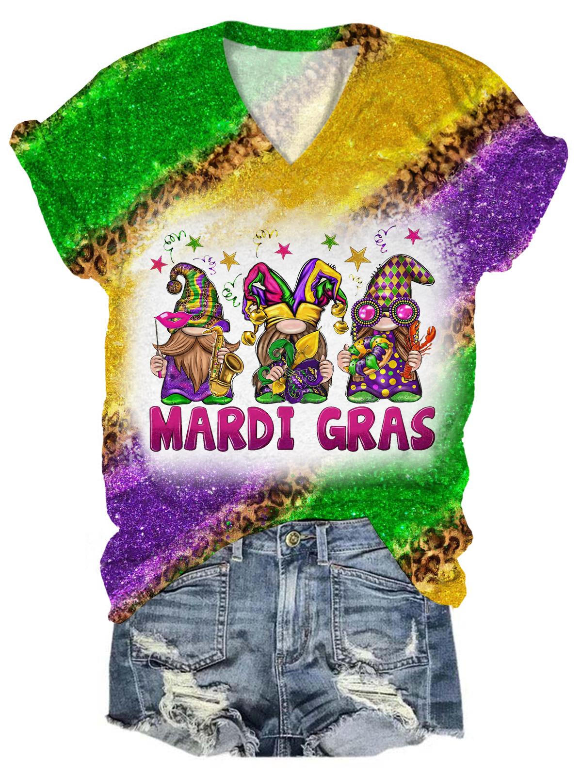 Mardi Gras Gnome V-Neck Tie Dye T-Shirt