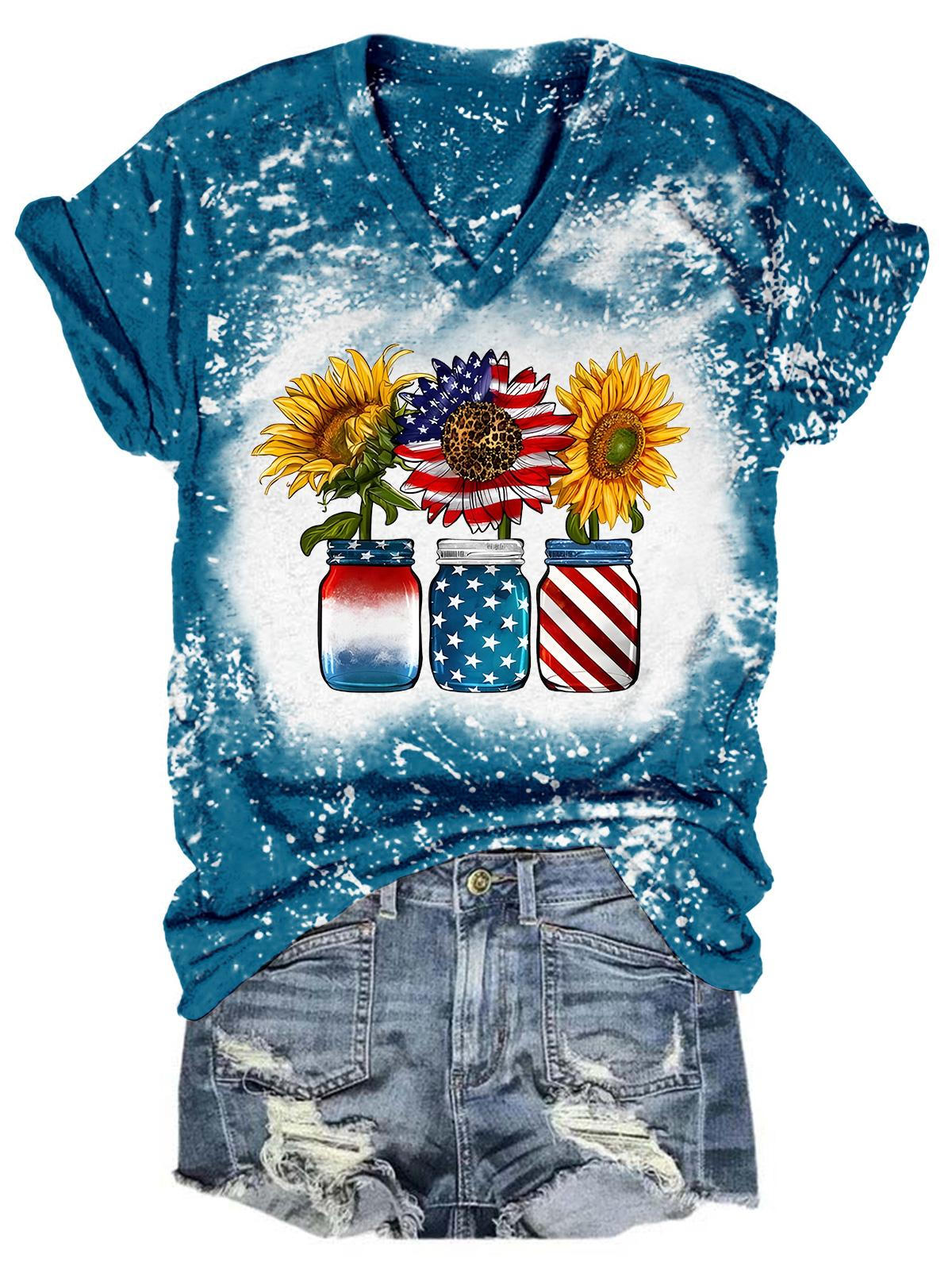 T-Shirt mit V-Ausschnitt und Sonnenblume in Gläsern mit amerikanischer Flagge
