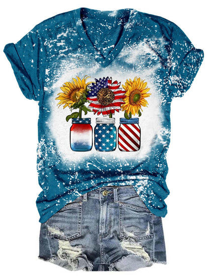 T-Shirt mit V-Ausschnitt und Sonnenblume in Gläsern mit amerikanischer Flagge