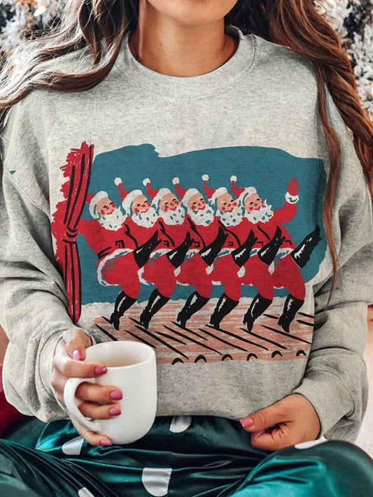 Cute Dancing Chorus Line Santa Claus Printed Long Sleeve Casual Top