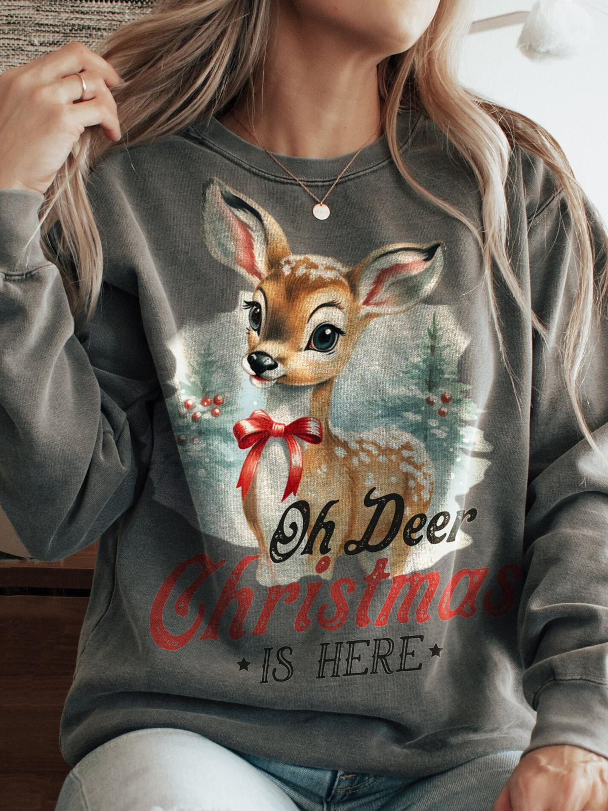 Cute Deer In Christmas Forest Print Round Neck Top