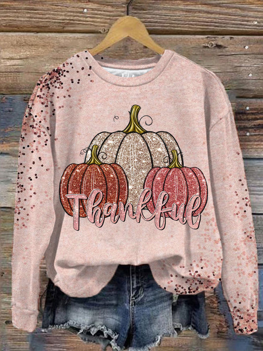 Women's Thankful Pumpkins Print Round Neck Long Sleeve Top
