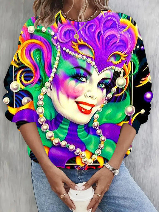 Mardi Gras Face Art Crew Neck Long Sleeve Top