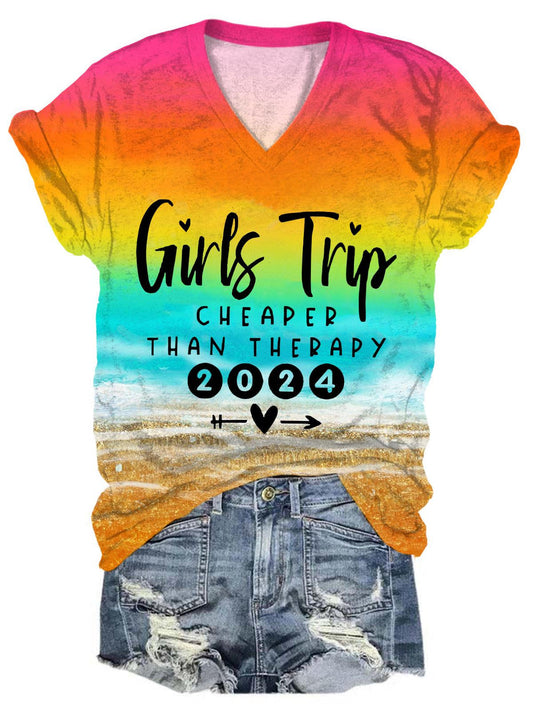 Girls Trip 2024 Cheaper Than Therapy Rainbow V-Neck Rainbow T-Shirt