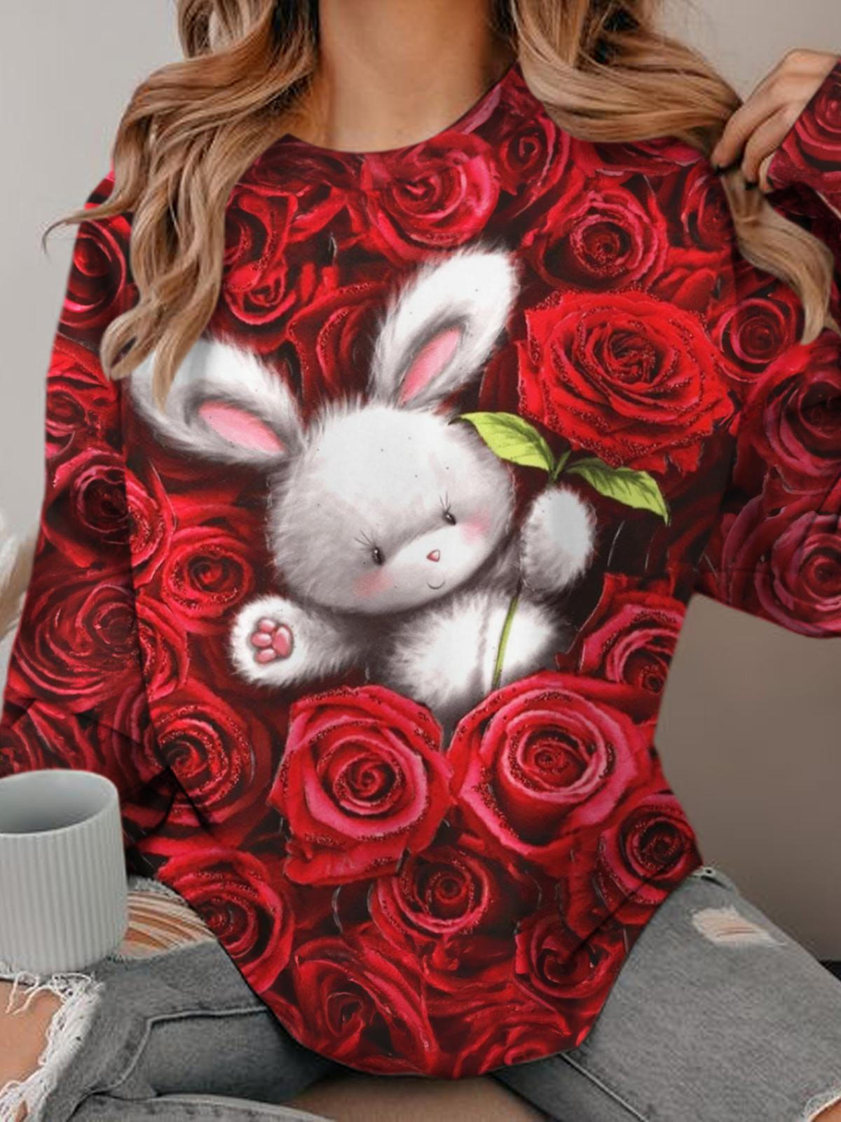 Red Rose Bunny Doll Printed Long Sleeve Top