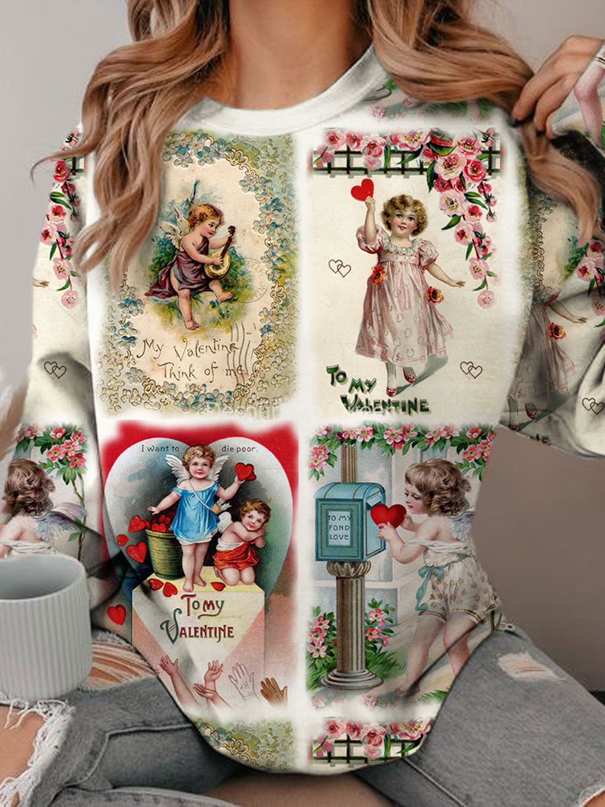 Valentine Retro Print Long Sleeve Top