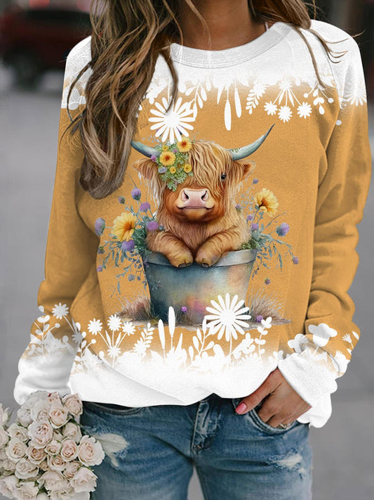 Flower Bucket Baby Highland Cow Floral Long Sleeve Top