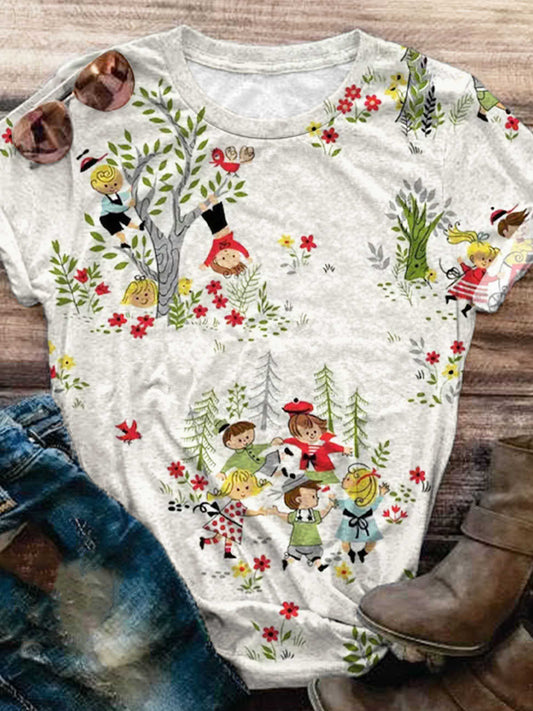 Retro Children Happy Gathering Print Crew Neck T-Shirt