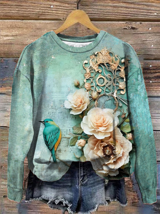 Teal Floral And Bird Print Round Neck Long Sleeve Top