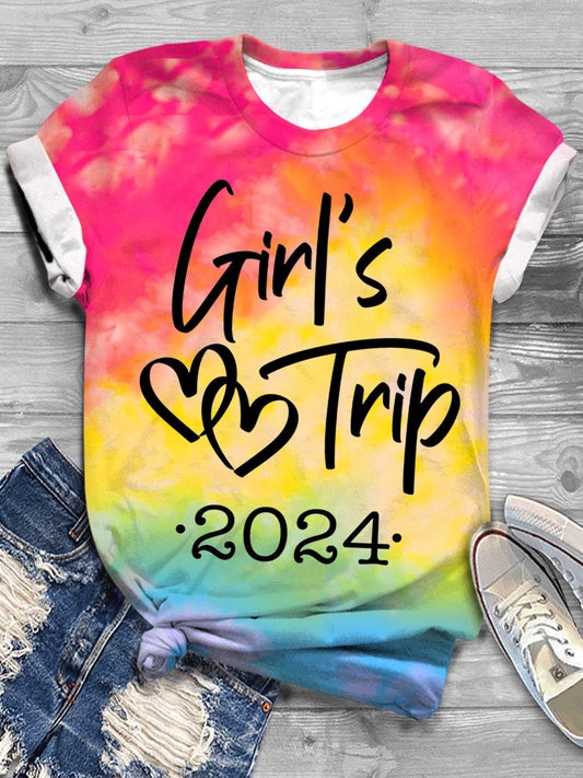 Girl's Trip 2024 Tie Dye Print Crew Neck T-Shirt