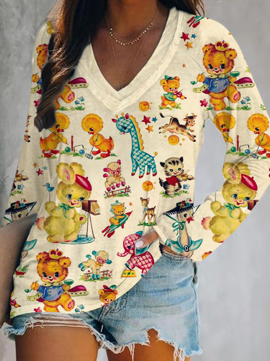 Vintage Photographer Bunny Print V-Neck Long Sleeve Top