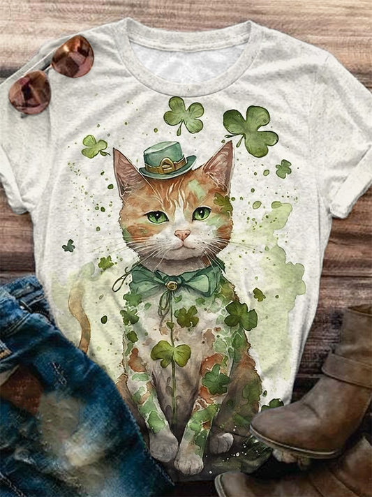 St. Patrick's Watercolor Cat Print Crew Neck T-Shirt