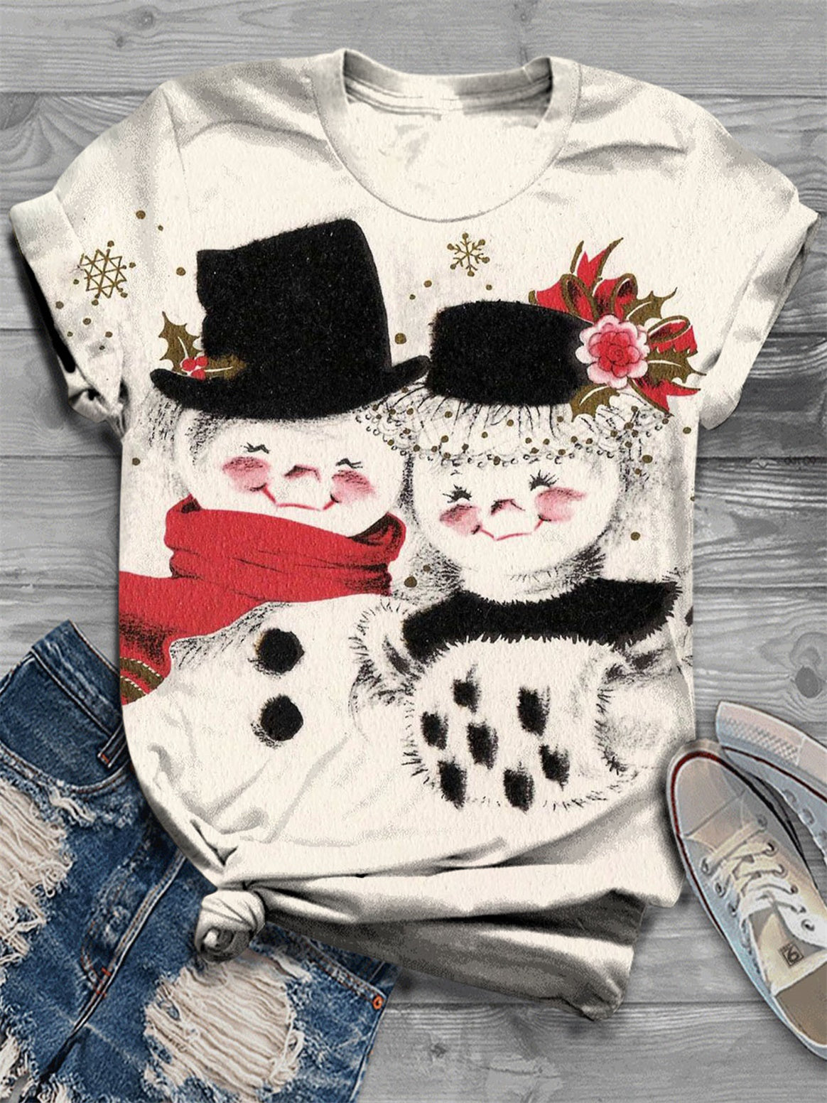 Women's Christmas Snowman Print Crew Neck T-Shirt