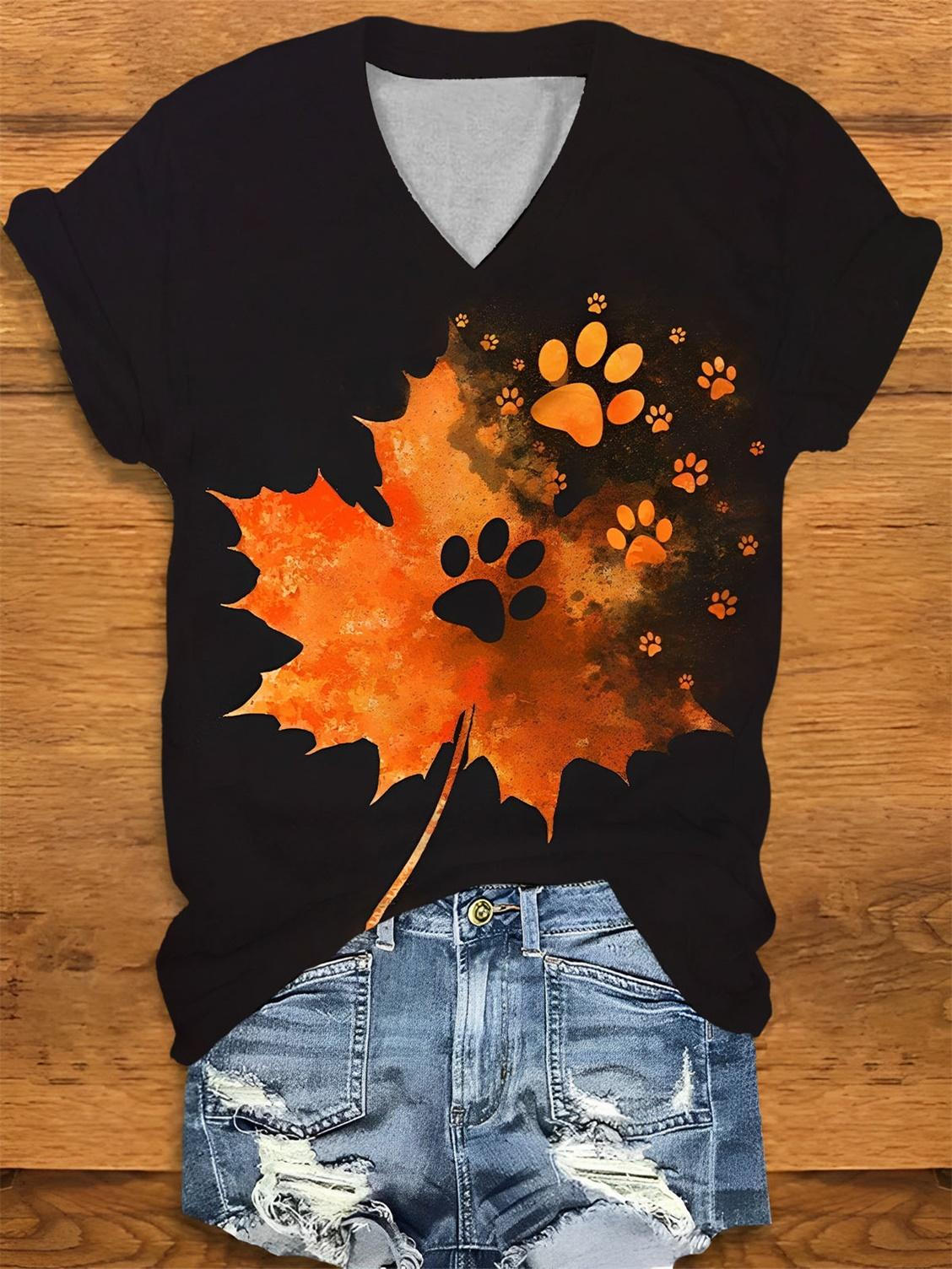 Maple Leaf Dog Paw Print V-Neck T-Shirt
