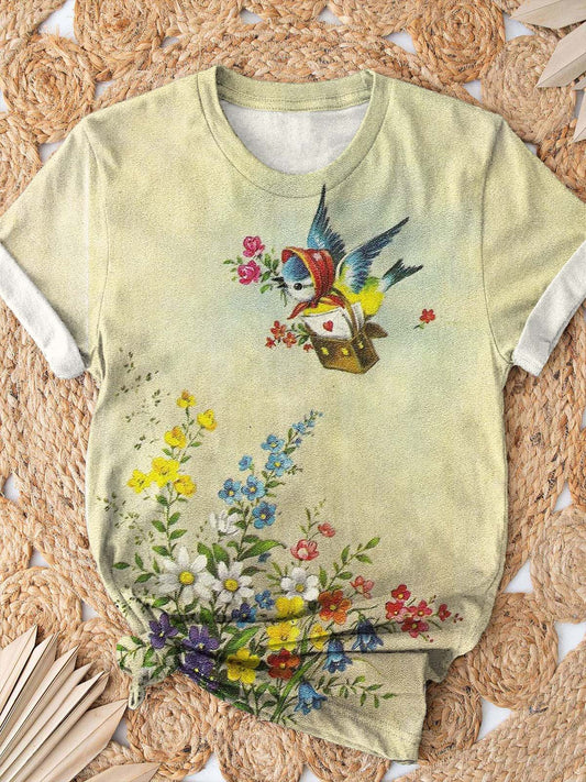 Retro Bird And Floral Round Neck T-Shirt