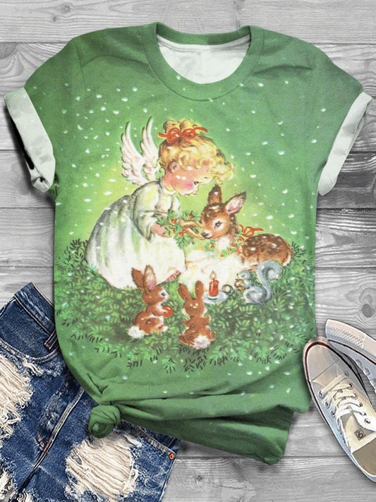 Angel And Deer Crew Neck T-shirt