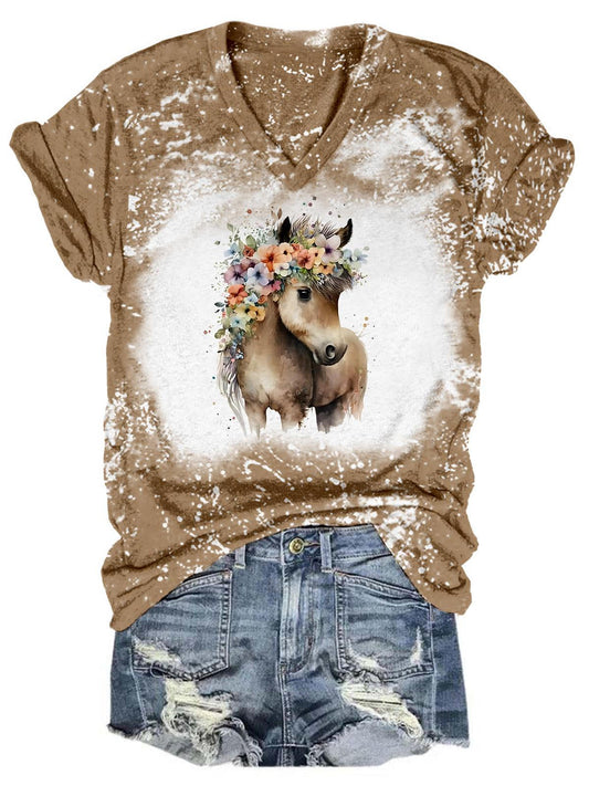 Floral Pony Tie Dye V Neck T-Shirt