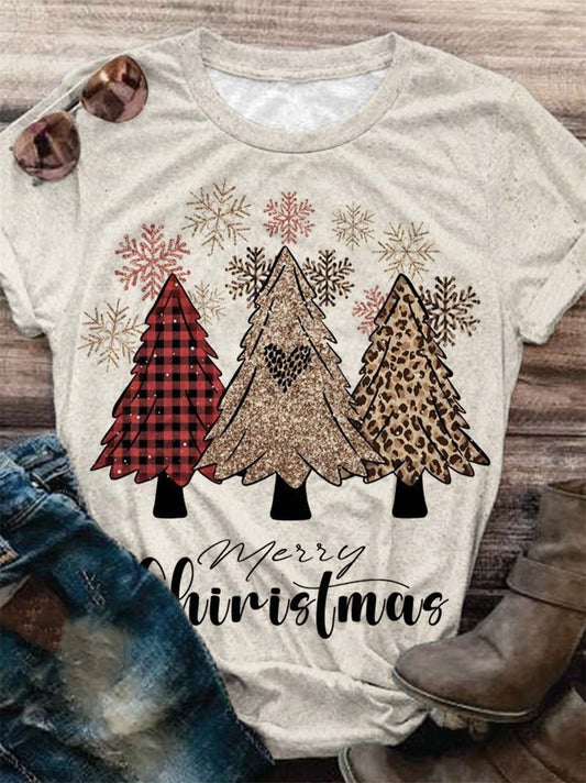Glitter Merry Christmas Tree Print Crew Neck T-Shirt